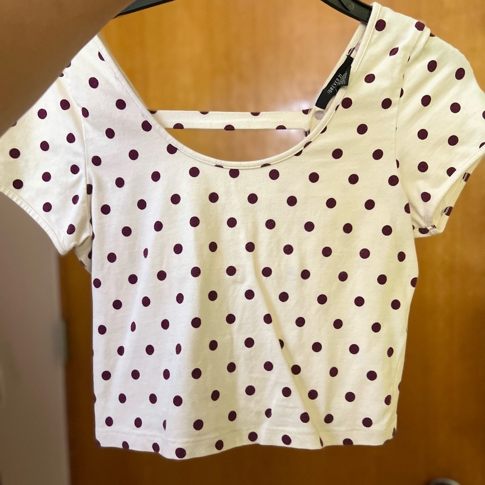 White crop top with burgundy polka dots